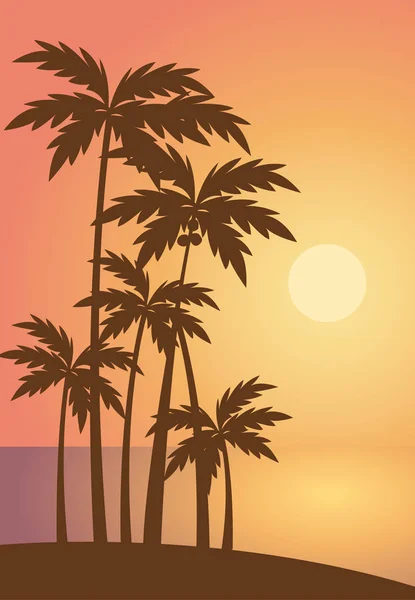 Καλοκαίρι, παραλία με δέντρα lanscape τοπίο στη θάλασσα ηλιοβασίλεμα το τοπίο — Διανυσματικό Αρχείο