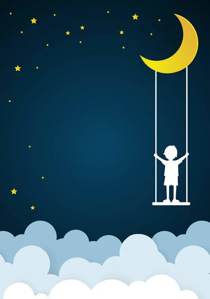 I bambini giocano altalene sul cielo con la notte, arte di carta — Vettoriale Stock