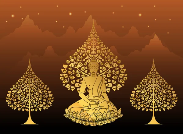 Buddha e Bodhi albero colore oro della tradizione tailandese, giorno vesak — Vettoriale Stock