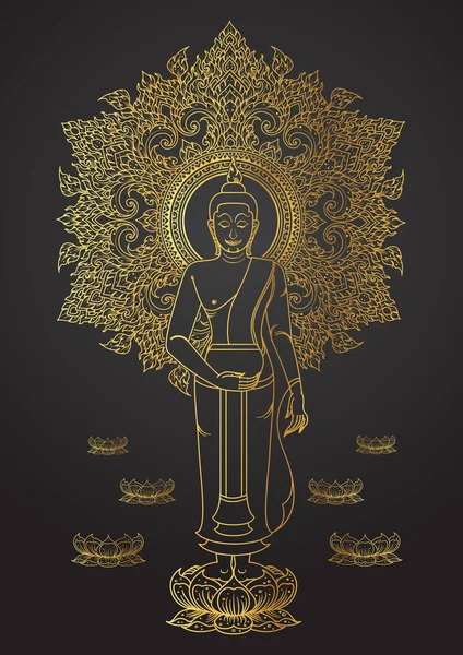 Tajskiej tradycji Buddy stanąć na lotus złoty kolor konturu — Wektor stockowy