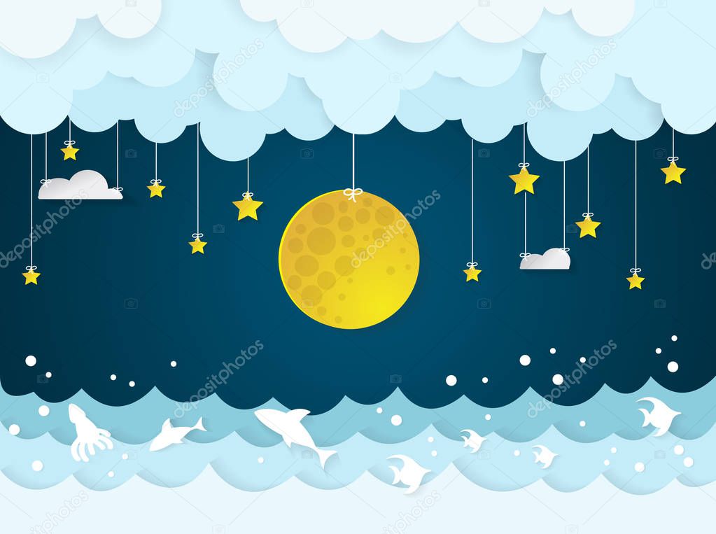 sea and ocean with full moon and cloud.paper art style