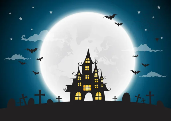 Sfondo notte di Halloween, casa infestata e luna completa.Illustrazione vettoriale . — Vettoriale Stock