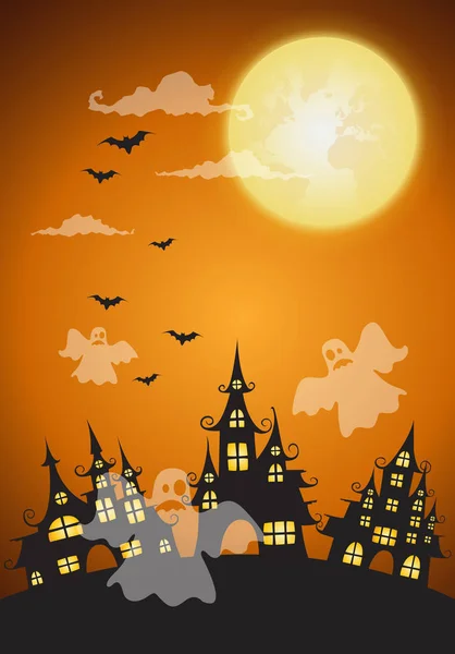 Casa encantada y luna llena con fantasma, fondo de noche de Halloween. Ilustración vectorial . — Archivo Imágenes Vectoriales