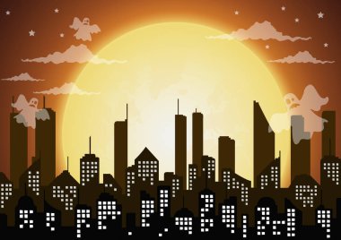 Siluet şehir ve dolunay ile gece, Cadılar Bayramı sky.vector hayalet