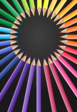 Siyah arka plan ile renkli kalemler. Daire çerçeve, vektör