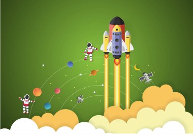 Astronot ve çizgi film uzayda bir uzay gemisi ile vektör uzay gemisi