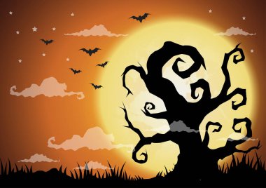 Halloween geceler arka plan, Kuru ağaç ve dolunay. Vektör çizim.