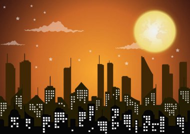 Dolunayda sky.vector ile gece ve şehir silüeti