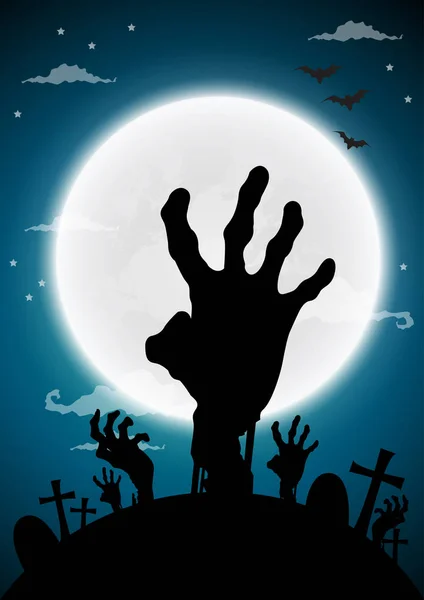 Fondo de noche de Halloween, manos zombies y luna llena. Ilustración vectorial . — Archivo Imágenes Vectoriales
