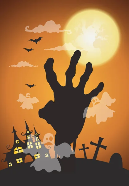 Fondo de noche de Halloween, manos zombies y luna llena. Ilustración vectorial . — Archivo Imágenes Vectoriales