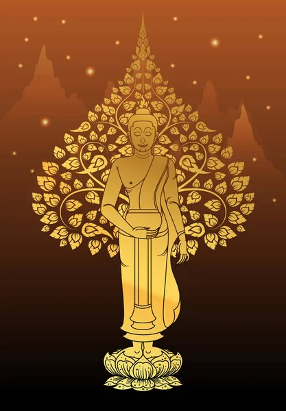 Buda y árbol Bodhi color oro de la tradición tailandesa, día vesak — Archivo Imágenes Vectoriales