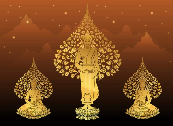 Buda e Bodhi árvore cor de ouro da tradição tailandesa, dia vesak — Vetor de Stock