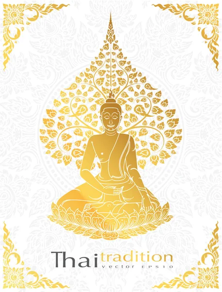 Ο Βούδας και Bodhi δέντρο χρυσό χρώμα της Ταϊλάνδης παράδοσης, ευχετήρια κάρτα — Διανυσματικό Αρχείο