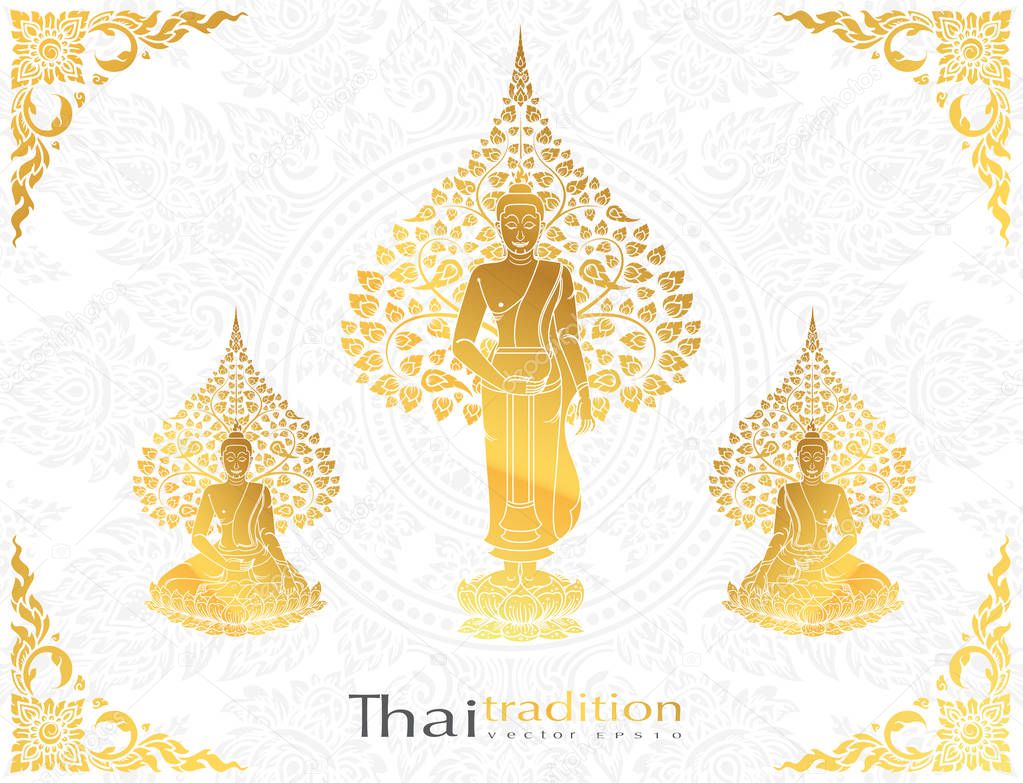 Buddha and Bodhi tree gold color of thai tradition,greeting card