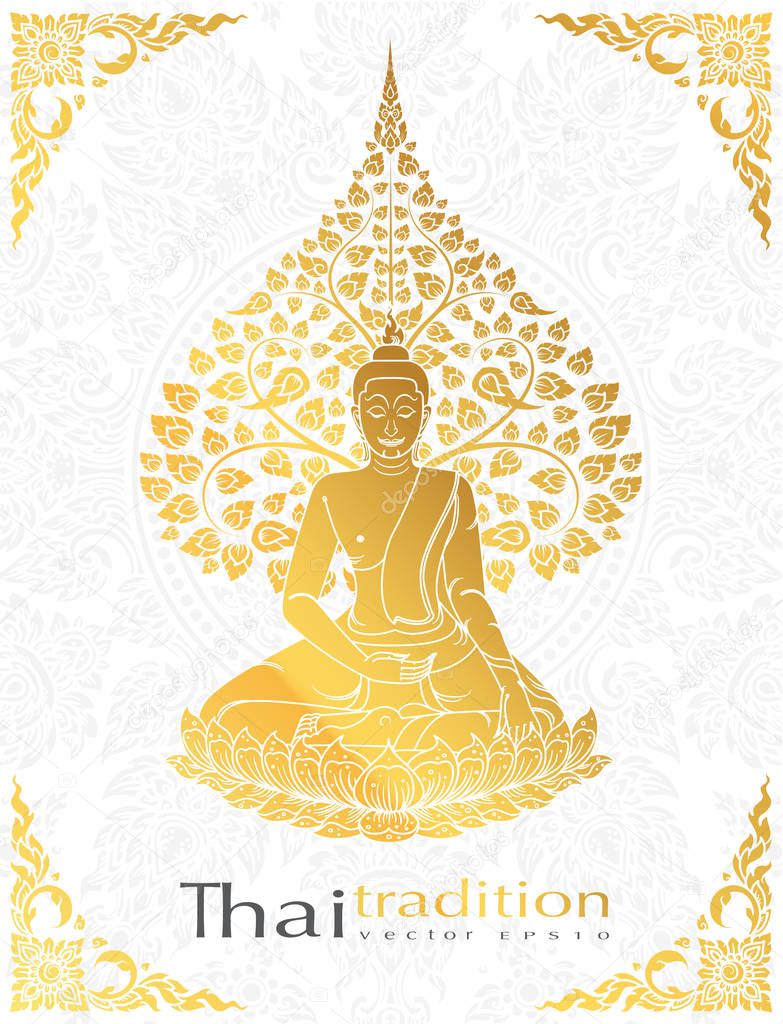 Buddha and Bodhi tree gold color of thai tradition,greeting card