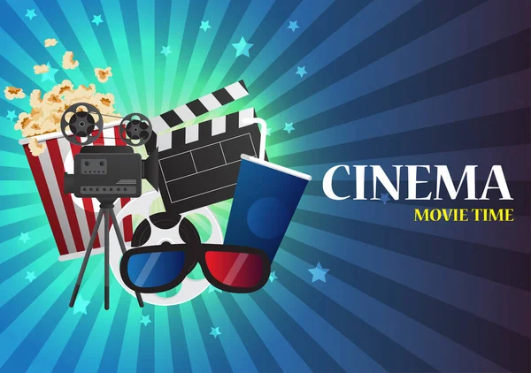 Film sinema poster tasarımı. Koltuklar, patlamış mısır, Bilet ile göstermek için vektör şablon banner