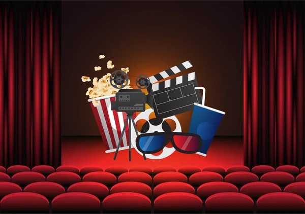 Дизайн плаката кинотеатра. Баннер векторного шаблона для показа с сиденьями, попкорном, билетами — стоковый вектор
