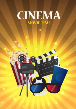 Film sinema poster tasarımı. Koltuklar, patlamış mısır, Bilet ile göstermek için vektör şablon banner