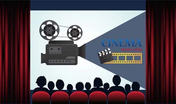 Seyirci, ekran ve kırmızı perdeler ile sinema poster. Vektör çizim