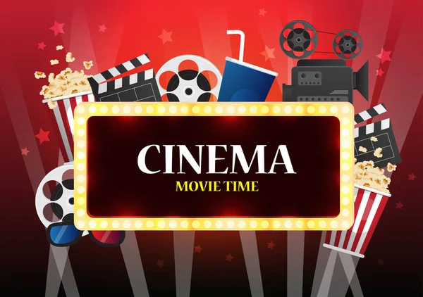 Film sinema poster tasarımı. Koltuklar, patlamış mısır, Bilet ile göstermek için vektör şablon banner