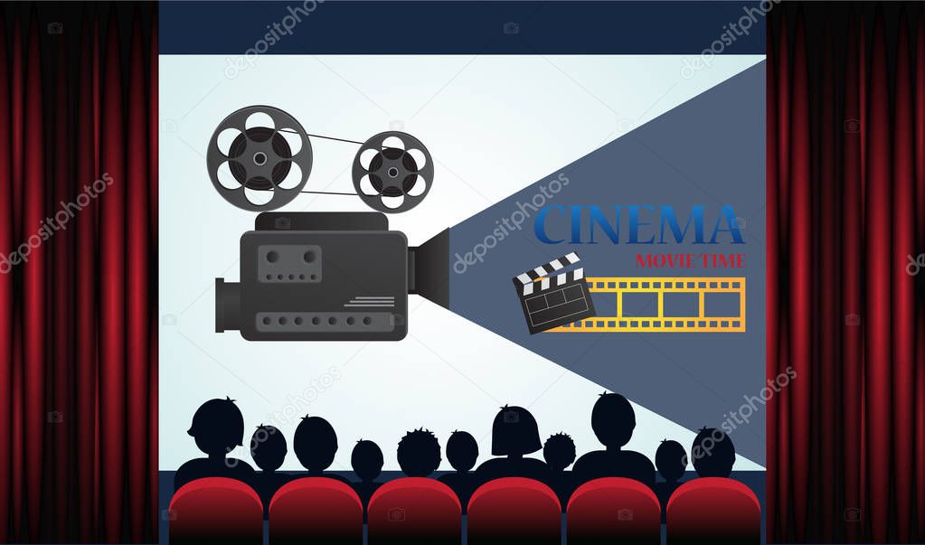 Cinema poster with audience, screen and red curtains .Vector illustration