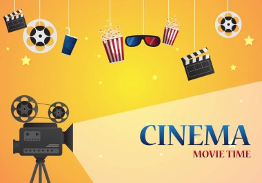 Film sinema poster tasarımı. Koltuklar, patlamış mısır, Bilet ile göstermek için vektör şablon banner