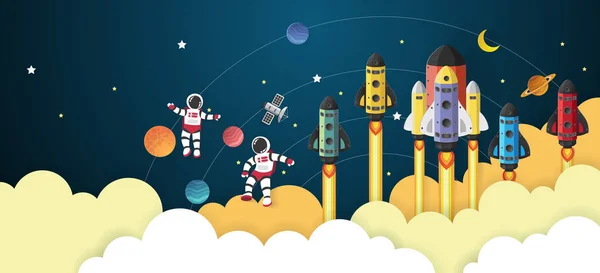 Desenhos animados de astronauta com uma nave espacial no espaço, corte de papel — Vetor de Stock