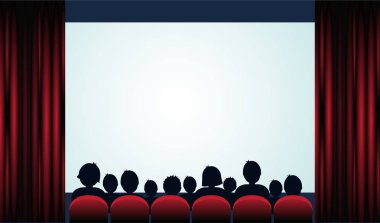 Seyirci, ekran ve kırmızı perdeler ile sinema poster. Vektör çizim