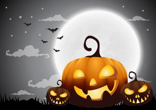 Halloween night background with pumpkin and full moon.Vector illustration. — Stock Vector