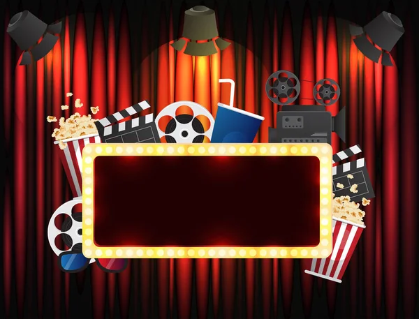Theaterschild oder Kinoschild auf Vorhang mit Spot-Lichtvektor — Stockvektor