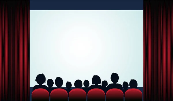 Seyirci, ekran ve kırmızı perdeler ile sinema poster. Vektör çizim
