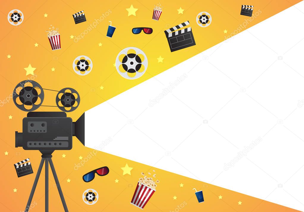 Movie cinema poster design. Vector template banner for show with seats, popcorn, tickets