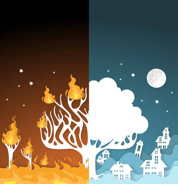 Scenes with forest fire and flood,paper art — Stock Vector