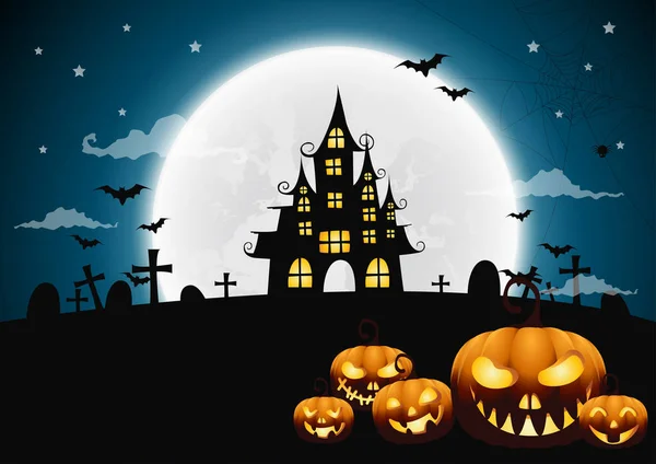 Sfondo notte di Halloween con zucca, casa infestata e luna completa.Illustrazione vettoriale . — Vettoriale Stock