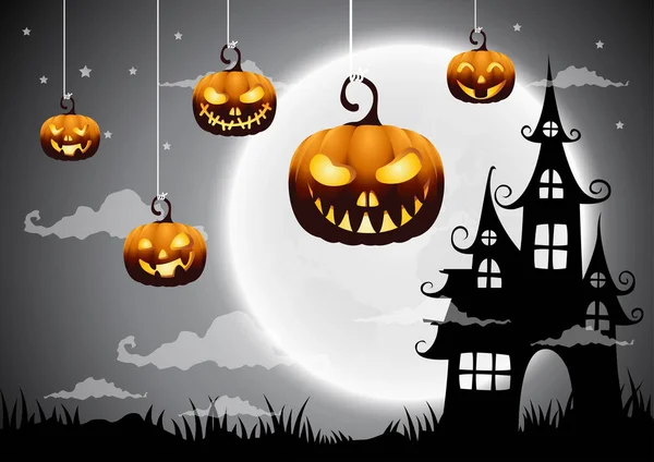 Fondo de noche de Halloween con calabaza, casa encantada y luna llena. Ilustración vectorial . — Archivo Imágenes Vectoriales