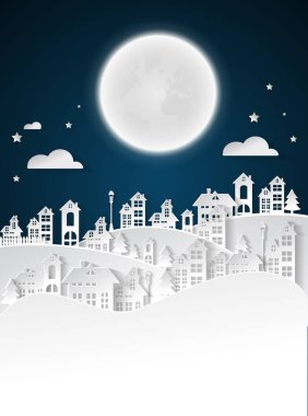Dolunay gece ile kağıt sanat kış kar kentsel kırsal manzara şehir köy