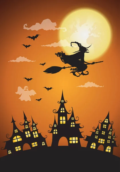 Casa encantada y luna llena con bruja, fondo de noche de Halloween. Ilustración vectorial . — Archivo Imágenes Vectoriales