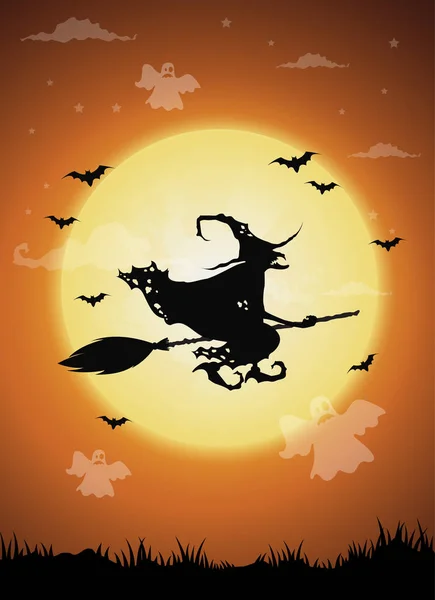 Fondo de noche de Halloween con bruja y luna llena. Ilustración vectorial . — Archivo Imágenes Vectoriales