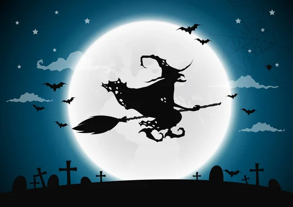 Sfondo notte di Halloween con strega e luna completa.Illustrazione vettoriale . — Vettoriale Stock