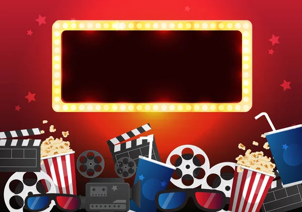 Návrh plakátu kino film. Vector šablony banner pro show s sedadla, popcorn, vstupenky — Stockový vektor