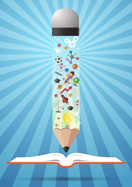 Açık kitap fikir ve pencils.education concept.can lay için kullanılması — Stok Vektör
