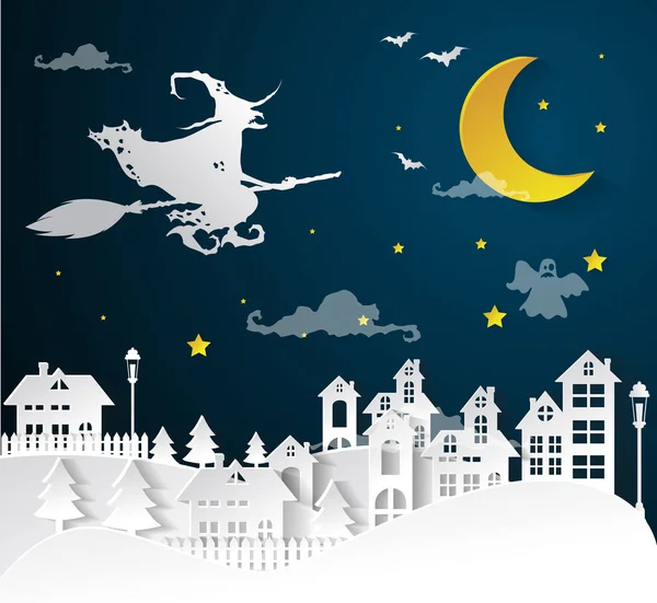 Città inverno e luna piena con strega, Halloween notte sfondo . — Vettoriale Stock