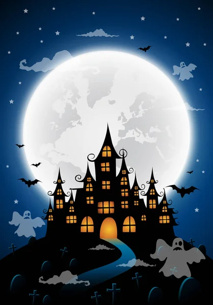 Casa encantada y luna llena con fantasma, fondo de noche de Halloween. Ilustración vectorial . — Vector de stock