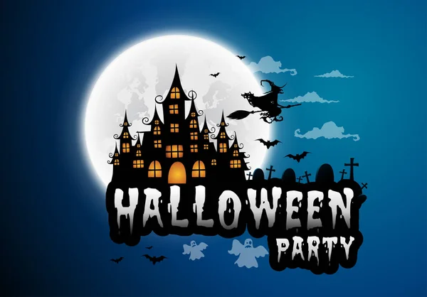 Strašidelný dům a úplněk s čarodějnice a duch, Halloween noci pozadí. Vektorové ilustrace. — Stockový vektor