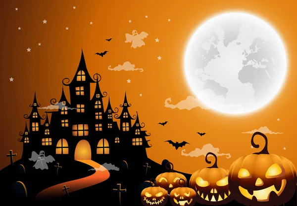 Casa encantada y luna llena con calabaza y fantasma, fondo de noche de Halloween. Ilustración vectorial . — Vector de stock