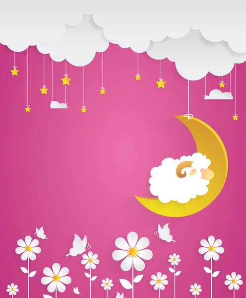 Counting sheep. Cartoon character happy sheep on moon. Sweet dreams.paper art — Stock Vector