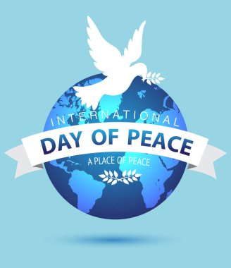 Dünya Barış günü, gökyüzü Flat.Vector resimde beyaz güvercin kuş sinek