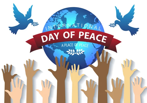 Internationnal béke nap koncepció. Világ Handup és background.vector galamb — Stock Vector