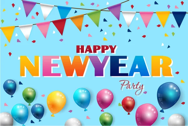 Feliz ano novo balões de cores e bandeiras de festa vetor de fundo — Vetor de Stock
