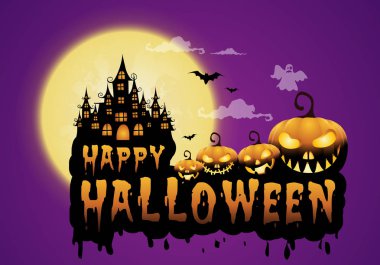 perili ev ve dolunay pumpkins ve hayalet, parti mutlu Halloween geceler arka plan ile. Vektör çizim.